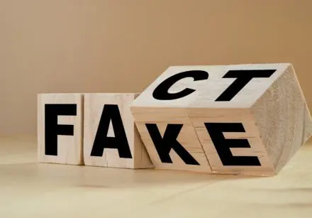 Flipping wooden cubes for change wording from "fact" to "fake".