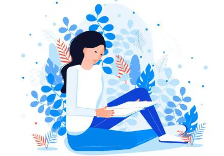 Girl reading a book against a blue floral background. Cartoon image.