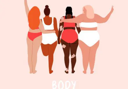Body positivity. Love your body. Different skin color and body size women characters dressed in lingerie.