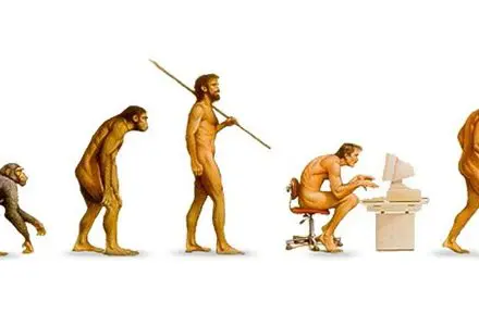 Cartoon on evolution from apes to humans and then humans devolving as we slump over computers and look down at our phones