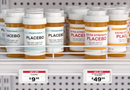 Bottles with some labels saying placebo and other labels saying extra strength placebo.