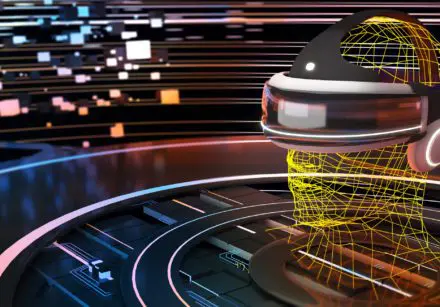 VR simulation of a head made of yellow lines wearing a VR headset