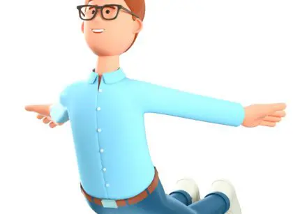 3D cartoon illustration of cute smiling man flying in air like a plane on a white background.