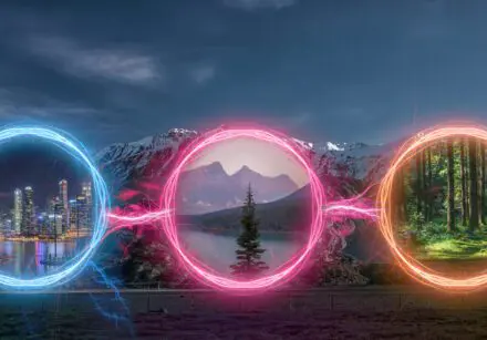 Three magical portal in between various realities, multiverse theory concept illustration