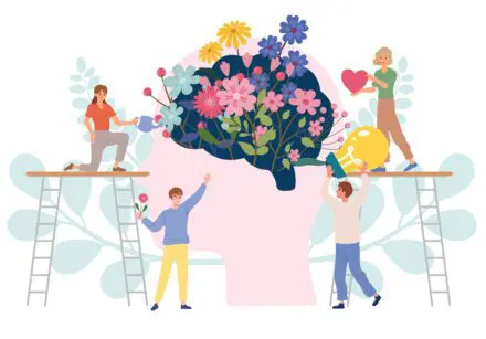 Cartoon of colourful flowers growing inside a person's head and being watered by four friendly people.