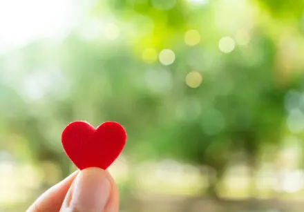 Hand hold little heart meaning feel love with green nature bokeh background.