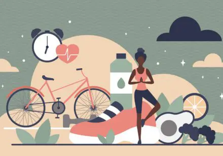 Girl choosing healthy lifestyle, practicing yoga near sport equipment, vegetables