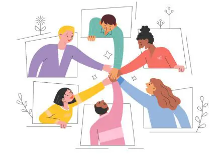 Cartoon of males and females wearing pastel coloured clothing reaching out of windows, that are arranged in a circle, to hold hands.