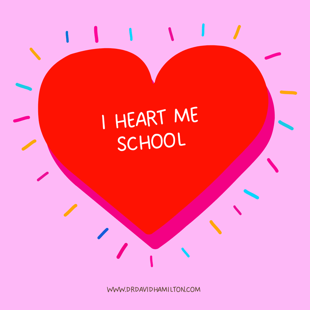 A read heart against a pink background. The red heart has different coloured flecks, like hairs, coming off it. Inside the heart is the words, 'I Heart Me School'.