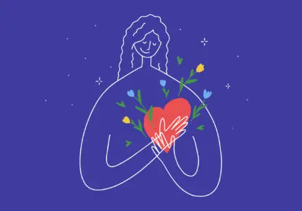 Female silhouette against purple background, with her hands holding big red heart with flowers growing out of it.