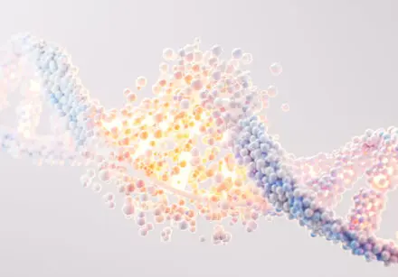 Section of DNA in 3D, lying left-to-right. It's lit in the centre, like a light emanating. The DNA is made of small bubbles in pastel blue and pink colours.