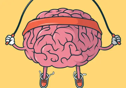 Cartoon style image of a brain wearing a headband and sneakers and using a skipping rope. The brain is pink coloured and is set against a pale yellow-orange background.