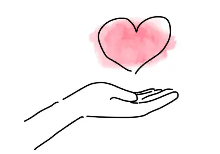 A sketch of a hand offering a heart. The heart is drawn as a sketch too, but is roughly coloured in with red watercolour.