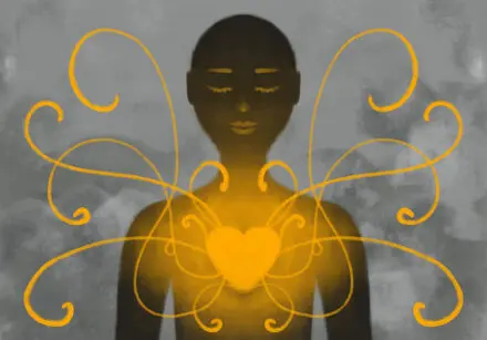 Illustration of a dark silhouette of person with a yellow-gold heart made of light with threads of light emanating from it in all directions in a twirly design.