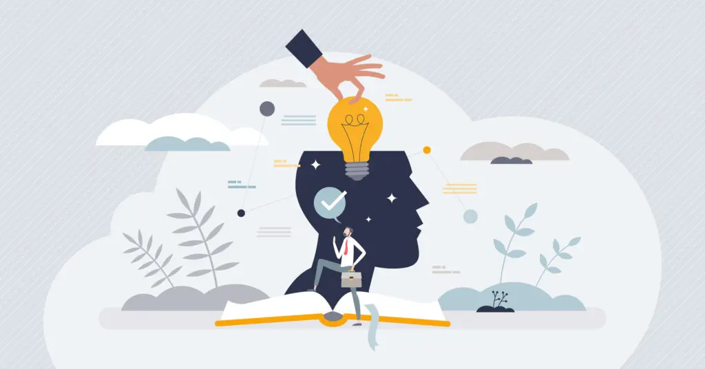 Conceptual image showing a head that's missing the top, with a lightbulb being placed into where the brain is. The head is on top of an open book and there's images of plants, clouds, and the sky around.