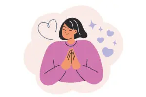 Cartoon illustration of a young woman with dark hair wearing a pink-purple jumper. Her hands are in the prayer position and there's illustrations of hearts and stars emanating from her. She is being thankful.