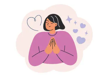 Cartoon illustration of a young woman with dark hair wearing a pink-purple jumper. Her hands are in the prayer position and there's illustrations of hearts and stars emanating from her. She is being thankful.
