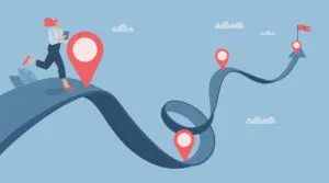 Cartoon style image of woman running on a giant blue ribbon in the sky, with milestones marked up to the end, where there's a flag. It's a depiction of the path to a goal that's not a straight line, but an undulating one.