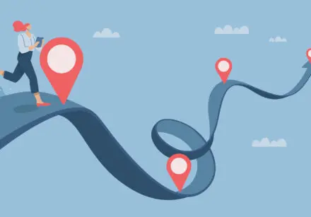 Cartoon style image of woman running on a giant blue ribbon in the sky, with milestones marked up to the end, where there's a flag. It's a depiction of the path to a goal that's not a straight line, but an undulating one.