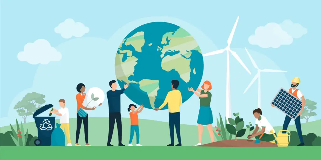 Cartoon image. Multiethnic group of people cooperating for environmental protection and sustainability in a park: they are supporting earth together - one is recycling waste, one is growing plants, one is choosing renewable energy resources. Four of them in the middle are holding a giant planet Earth in their hands. They're in a park and the sky is blue behind them.