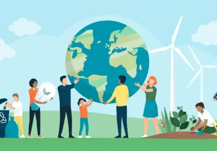 Cartoon image. Multiethnic group of people cooperating for environmental protection and sustainability in a park: they are supporting earth together - one is recycling waste, one is growing plants, one is choosing renewable energy resources. Four of them in the middle are holding a giant planet Earth in their hands. They're in a park and the sky is blue behind them.