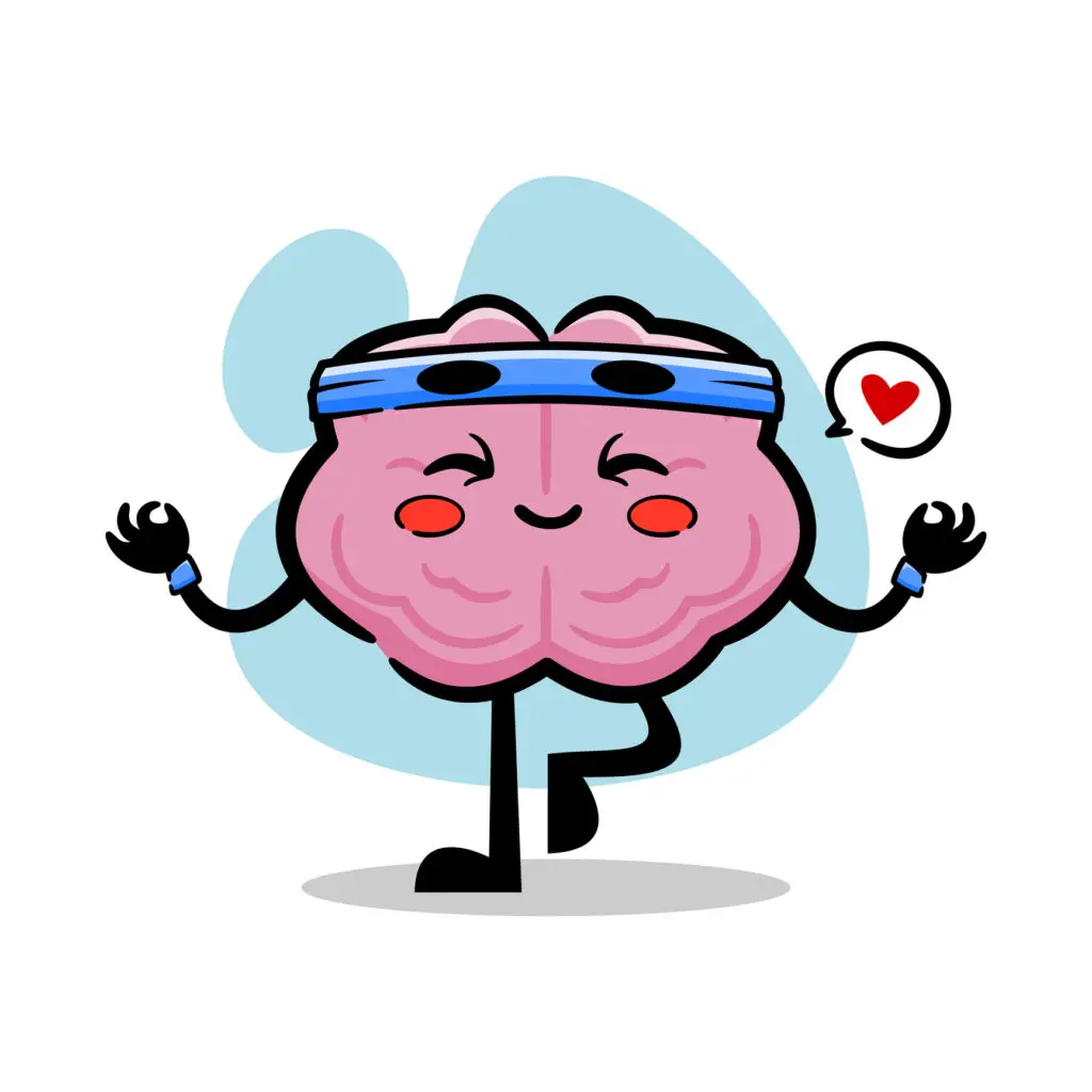 Cartoon image of a pink brain with rosy cheeks, smiling, while doing a yoga pose standing on one leg with finger and thumb of each hand held in a mudra. It's wearing a blue headband and a heart bubble is emerging from it's mind.