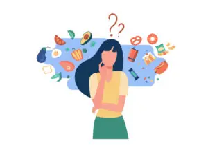 Cartoon image of young woman with a bubble around her of mental images showing confusion about which foods are healthy. There's images of an avocado, slice of orange, blueberries, salads, but also snack bars, hotdogs, doughnuts, and other similar items of both health and unhealthy types.
