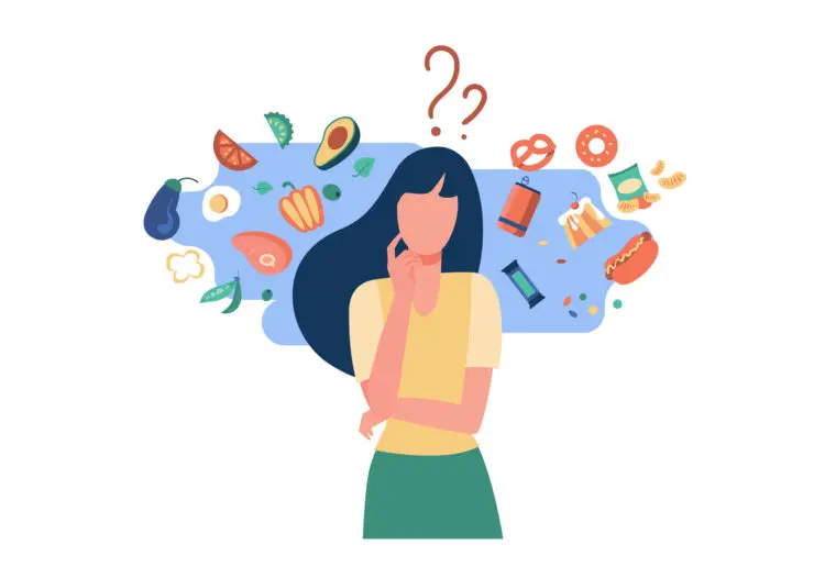 Cartoon image of young woman with a bubble around her of mental images showing confusion about which foods are healthy. There's images of an avocado, slice of orange, blueberries, salads, but also snack bars, hotdogs, doughnuts, and other similar items of both health and unhealthy types.