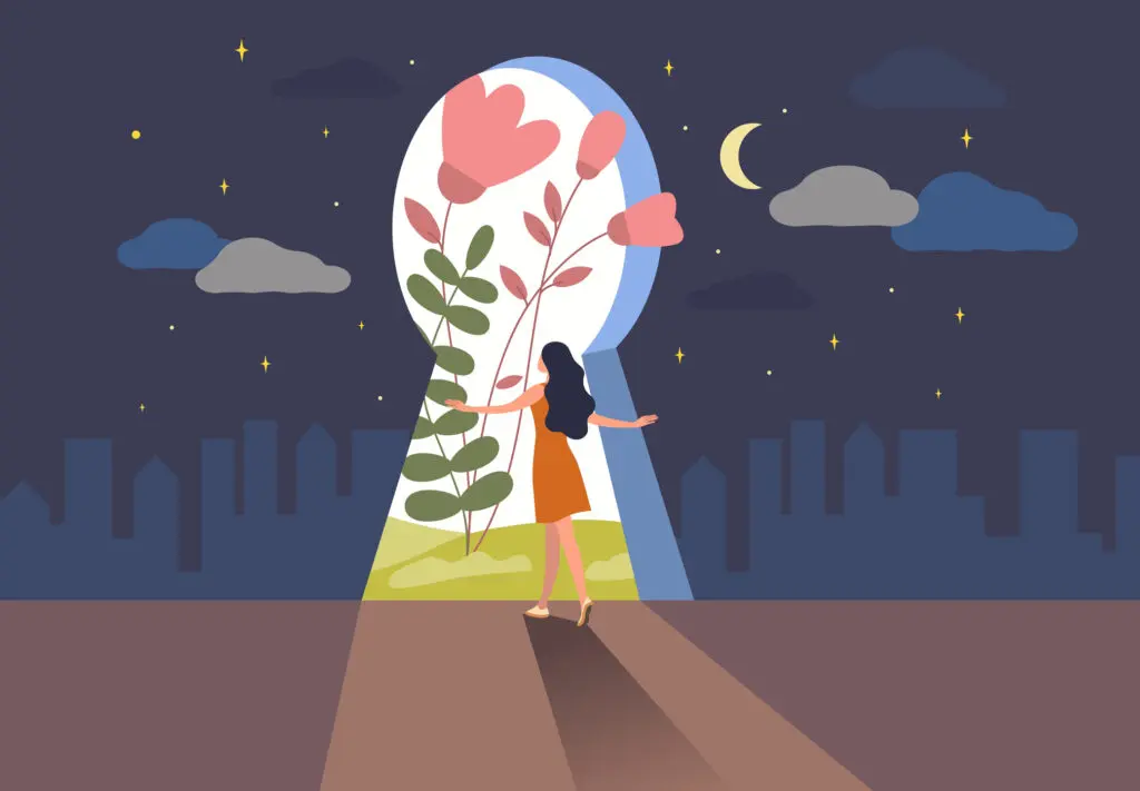 Illustration of a young woman looking out through a giant keyhole, which is as big as a giant door. Outside - through the keyhole - the sun is shining and we see a giant colourful flower. The image around the outside of the keyhole depicts nighttime.