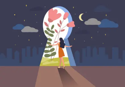 Illustration of a young woman looking out through a giant keyhole, which is as big as a giant door. Outside - through the keyhole - the sun is shining and we see a giant colourful flower. The image around the outside of the keyhole depicts nighttime.