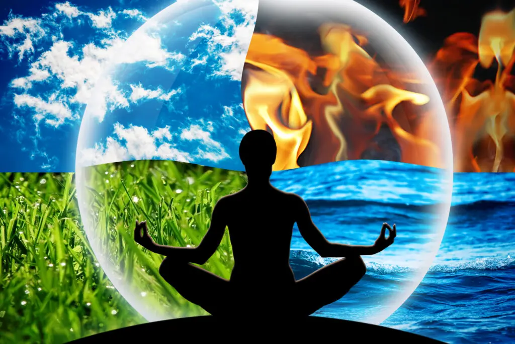 Silhoutte of a person meditating with a bubble of soft light enveloping them. The background is made of four images, one in each quarter. Top left is a blu sky with some clouds, top right is fire, bottom right is ocean, and bottom left is grass.