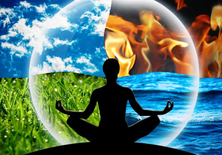 Silhoutte of a person meditating with a bubble of soft light enveloping them. The background is made of four images, one in each quarter. Top left is a blu sky with some clouds, top right is fire, bottom right is ocean, and bottom left is grass.