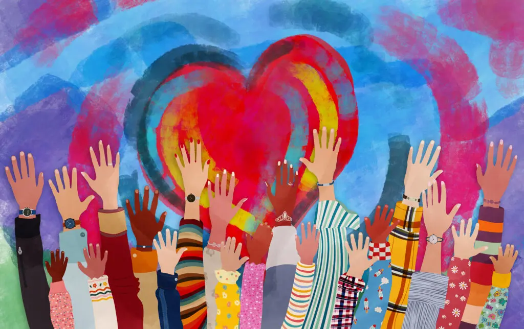 Brightly coloured pastel painting of a heart with lots of arms and hands of people from diverse cultures reaching up to it. The colours are red, blue, yellows, and other bright colours.