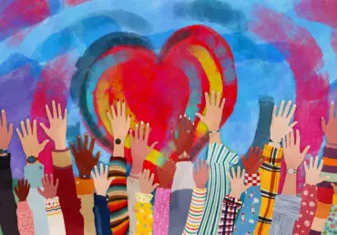 Brightly coloured pastel painting of a heart with lots of arms and hands of people from diverse cultures reaching up to it. The colours are red, blue, yellows, and other bright colours.
