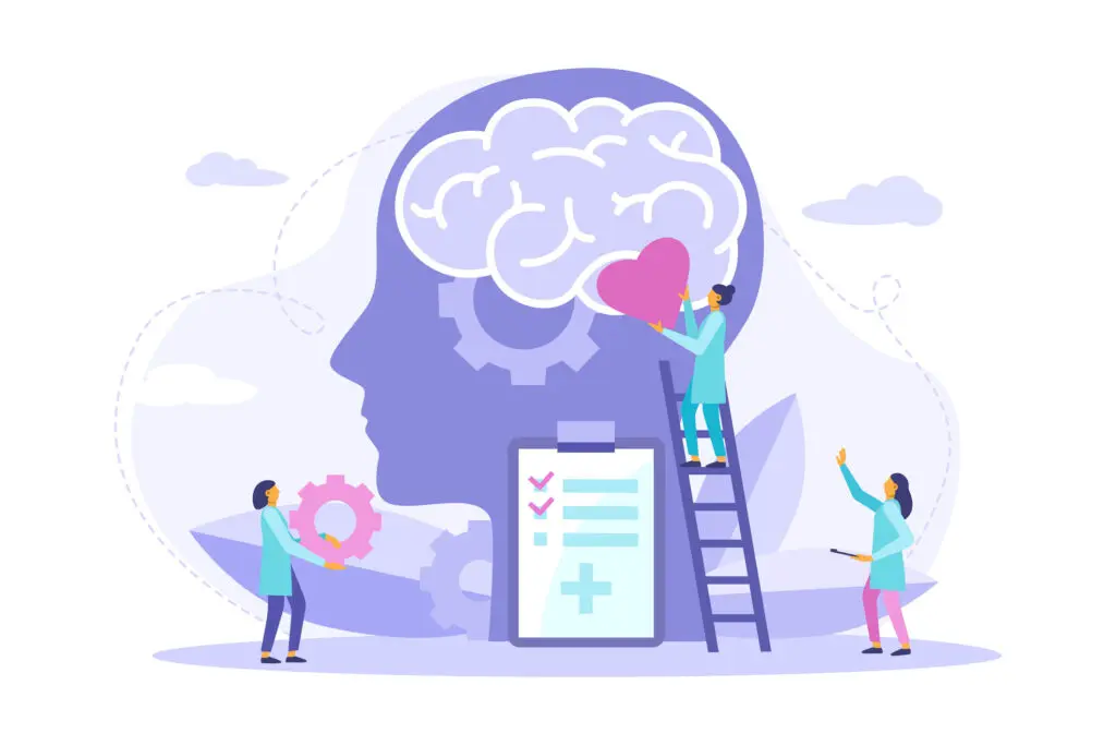 Cartoon depiction of a large head and brain with medical staff on ladders adding hearts and cogs into the brain. The head and brain are indigo coloured and the medics are dressed in light blue.