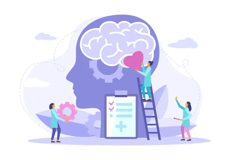 Cartoon depiction of a large head and brain with medical staff on ladders adding hearts and cogs into the brain. The head and brain are indigo coloured and the medics are dressed in light blue.