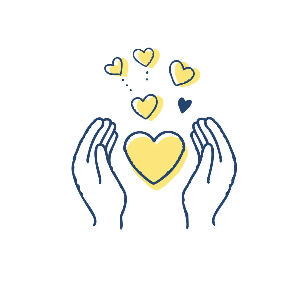 Sketch of hands holding a yellow heart, with smaller yellow hearts above it, kind of emanating from it.