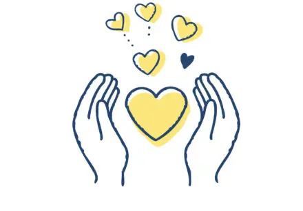 Sketch of hands holding a yellow heart, with smaller yellow hearts above it, kind of emanating from it.