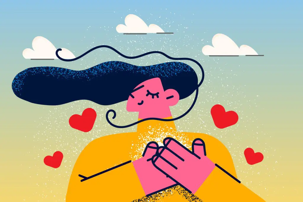 Cartoon illustration of woman with flowing hair in the wind, clouds in the pale green sky behind. She has her hands on her heart and there's red hearts emanating from her heart. She's wearing a mustard coloured top.