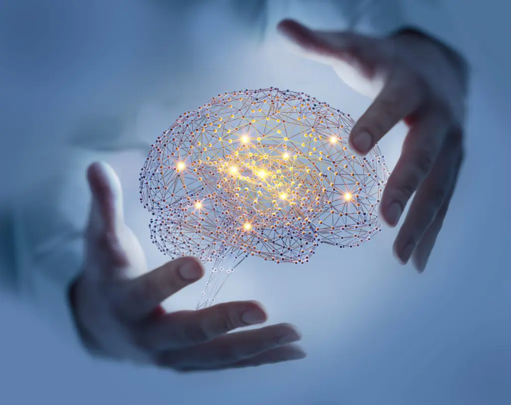 Image of a digital brain with connected lights inside it and two hands around it, but not touching it. The background is a blurred out light blue but we can slightly make out that the hands belong to a person.
