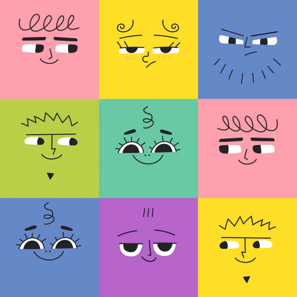 Square block of nine squares (3 by 3), each of a different colour and containing a cartoon face depicting different expressions - mostly smiles. Top middle (yellow) shows boredom and top right (blue) shows irritation, but the rest are of varying types of smiles, with the eyes helping to distinguish between smiles.