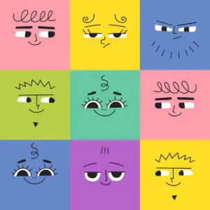 Square block of nine squares (3 by 3), each of a different colour and containing a cartoon face depicting different expressions - mostly smiles. Top middle (yellow) shows boredom and top right (blue) shows irritation, but the rest are of varying types of smiles, with the eyes helping to distinguish between smiles.