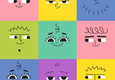 Square block of nine squares (3 by 3), each of a different colour and containing a cartoon face depicting different expressions - mostly smiles. Top middle (yellow) shows boredom and top right (blue) shows irritation, but the rest are of varying types of smiles, with the eyes helping to distinguish between smiles.