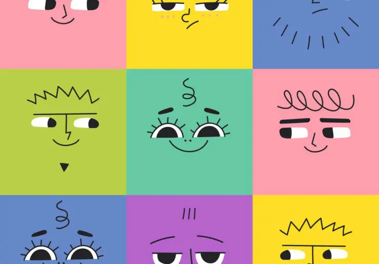 Square block of nine squares (3 by 3), each of a different colour and containing a cartoon face depicting different expressions - mostly smiles. Top middle (yellow) shows boredom and top right (blue) shows irritation, but the rest are of varying types of smiles, with the eyes helping to distinguish between smiles.
