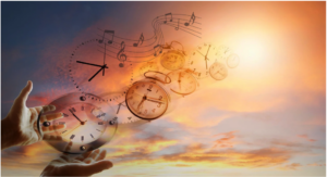 Sunset with hands holding a clock that is showing multiple versions of itself across the sky, as if going back in time. There's also a series of musical notes stretching back in time.