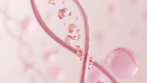 Illustration of kind genes. Two pink strands in a helix pattern with faded pink cells in the background.