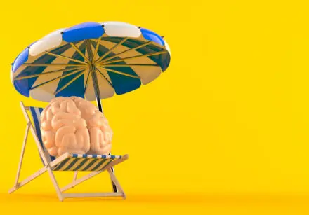Image depicting brain rest. Brain sitting on a blue-white striped deck chair with a blue and white parasol above it. The background is an egg-yolk yellow.