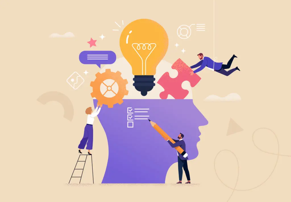 Illustration of creativity - divergent thinking. Lots of ideas and shapes being put into a giant head.