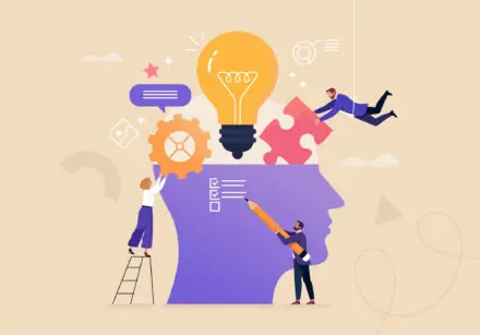 Illustration of creativity - divergent thinking. Lots of ideas and shapes being put into a giant head.