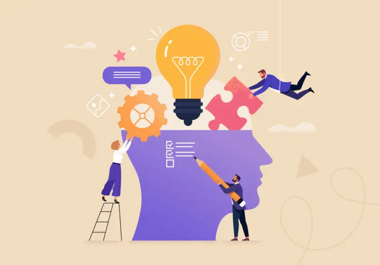 Illustration of creativity - divergent thinking. Lots of ideas and shapes being put into a giant head.